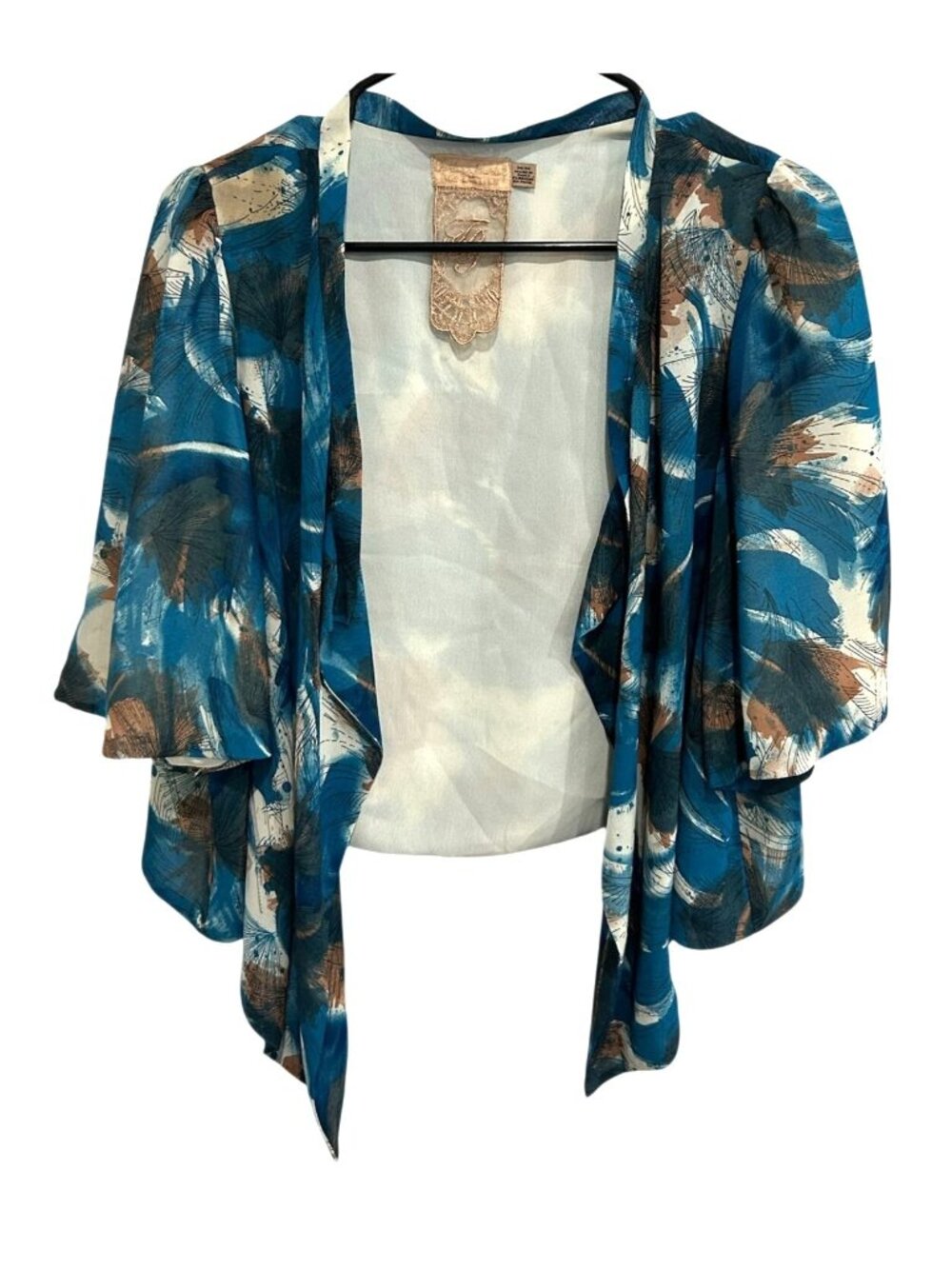 Blue Abstract Print Medium Sheer Open Front Kimono Cardigan Boho Chic Retro